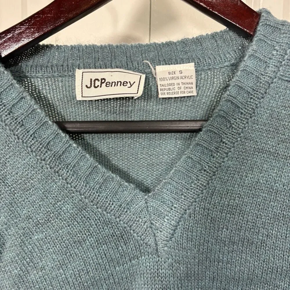Vintage JCPenney Sweater Men S Teal V-Neck Acrylic Y2K Preppy Grandpa Core